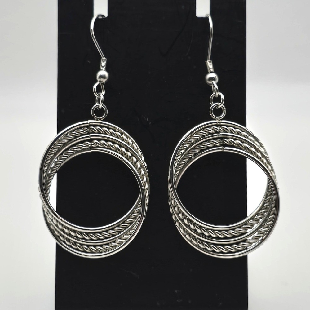 Hoop Dangle Earrings 2.25" Silver Tone Pierced Hook Textured Twisted Rope Design